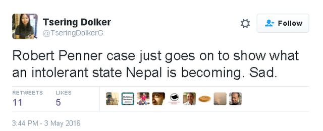 @TseringDolkerG tweets: Robert Penner case just goes on to show what an intolerant state Nepal is becoming. Sad.