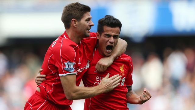 Steven Gerrard and Philippe Coutinho celebrate