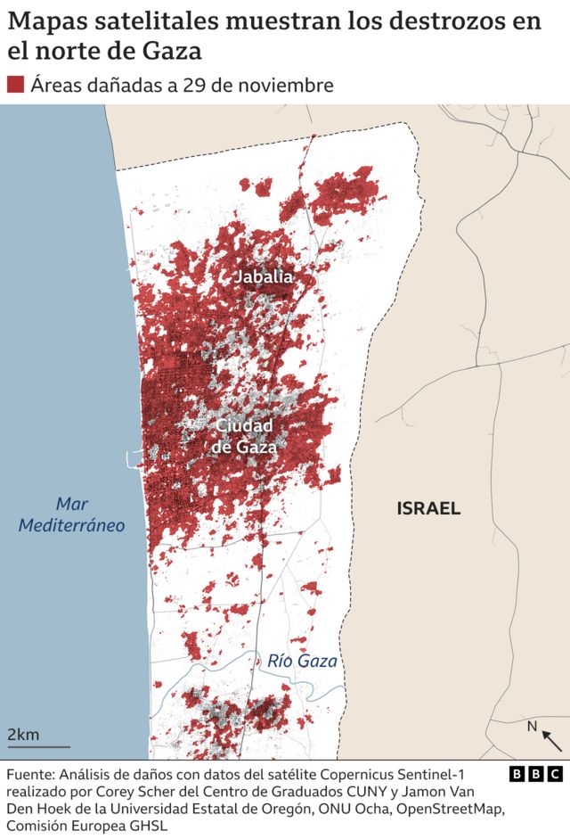 Un mapa muestra los daños en el norte de Gaza hasta el 29 de noviembre mediante análisis por satélite