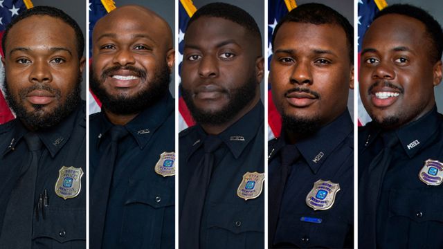 Portraits of the officers accused of murdering Tire Nichols from left to right: Demetrius Haley, Desmond Mills, Jr, Emmitt Martin III, Justin Smith, and Tadarrius Bean.