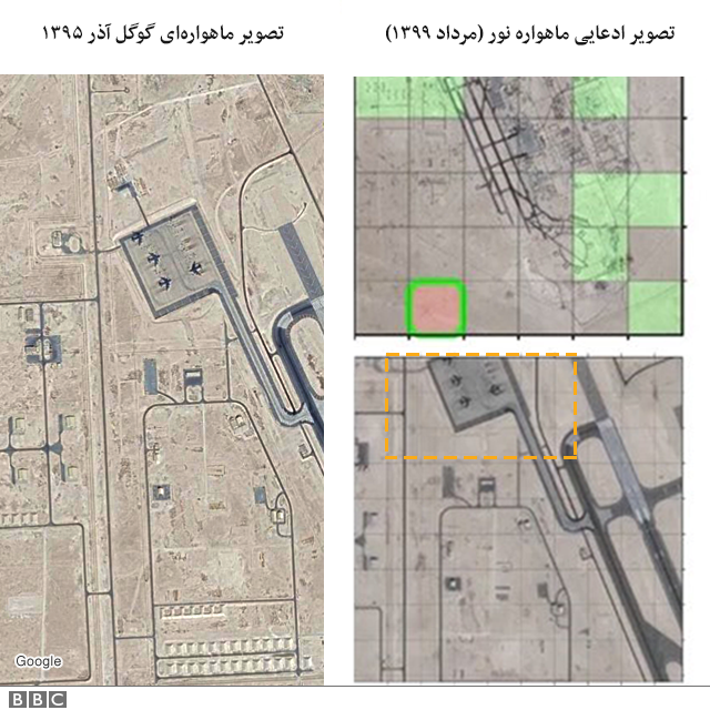 سمت راست: تصویرهای ادعایی ایران از پایگاه آمریکا در قطر. سمت چپ: تصویر ماهواره‌ای گوگل از این پایگاه در سال ۱۳۹۵ شباهت جزئیات دو تصویر قابل توجه است
