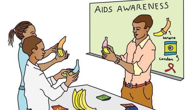 Ilustração mostra três pessoas em sala de aula colocando camisinhas em bananas