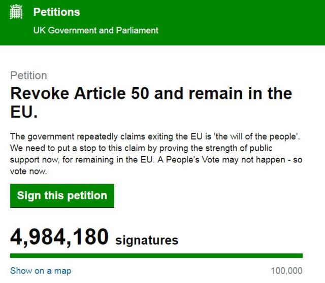 廢除脫歐50條的請願受到英國各地民眾支持