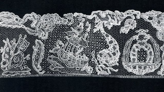 Xilografía de encaje que conmemora la derrota de la Armada Invencible en 1588.
