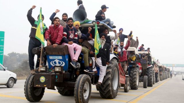 A row of tractors during a rehearsal by farmers ahead of the proposed tractor rally on Republic Day, at Lehra Bega toll plaza, on January 24, 2021 in Bathinda, India.