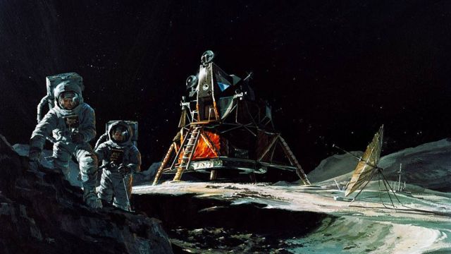 Drawing of two Apollo 13 astronauts exploring the Fra Mauro astroblem