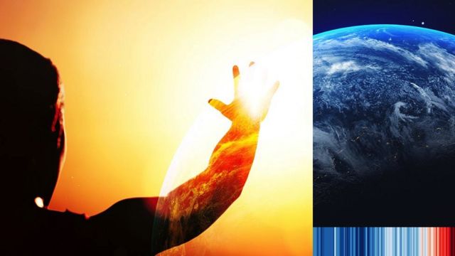 Imagem mostrando alguém olhando para o sol e ao lado de uma foto da Terra