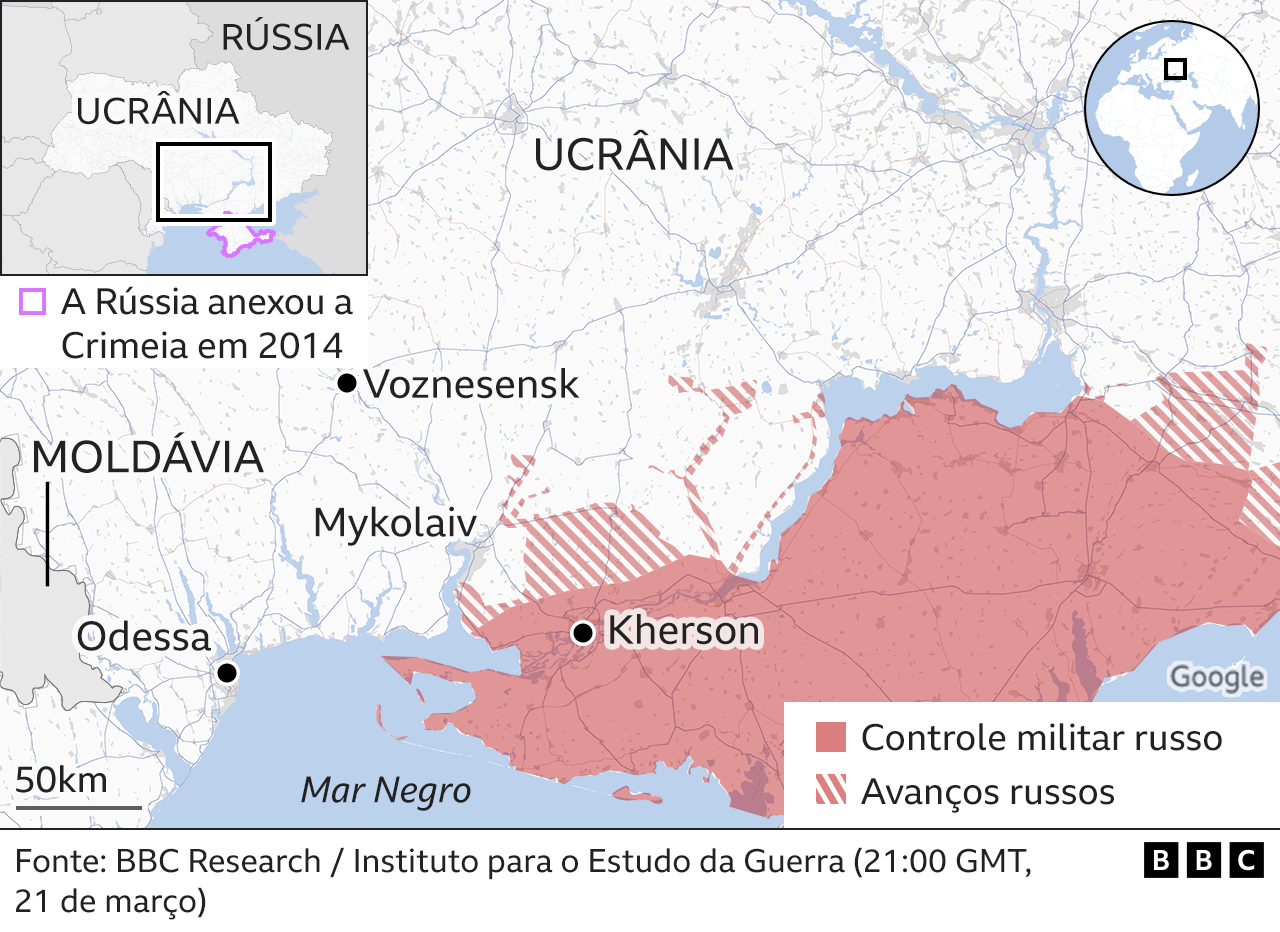 Mapa mostra avanço russo em parte da Ucrânia