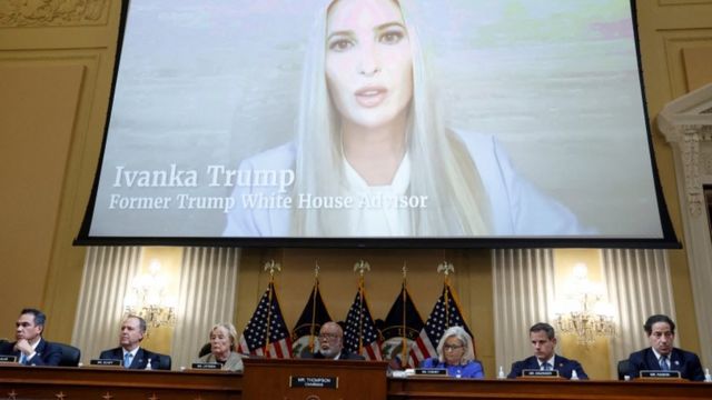 Former White House Senior Adviser Ivanka Trump is seen on a video screen during the public hearing of the U.S. House Select Committee to Investigate the January 6 Attack on the United States Capitol, on Capitol Hill in Washington, U.S., June 9, 2022.