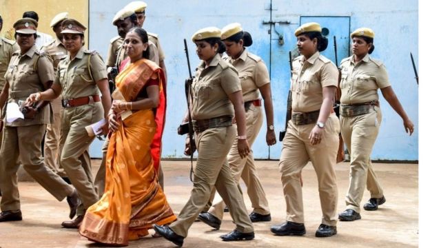 S Nalini (C in orange), who was convicted in the assassination case of former prime minister Rajiv Gandhi, is released from the Vellore Central Prison on a one-month parole to attend her daughter's wedding on July 25, 2019