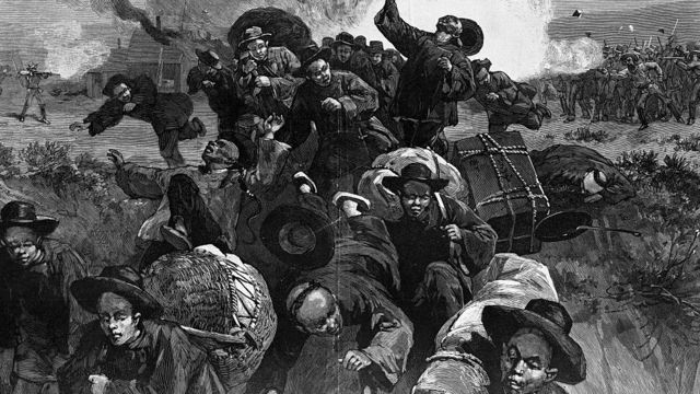 An illustration of a massacre published in Harper's Weekly, September 26, 1885. The violence against the Chinese laborers was carried out by white coal miners.