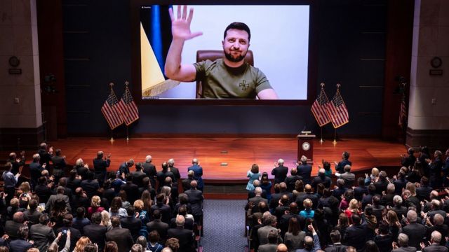 Ukrainian President Volodymyr Zelensky virtually addresses the US Congress on March 16, 2022, at the US Capitol Visitor Center Congressional Auditorium, in Washington, DC.