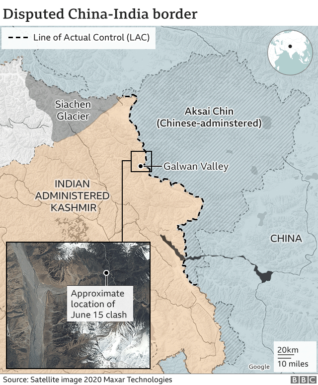 Карта, показывающая регион, являющийся предметом спора между Китаем и Индией