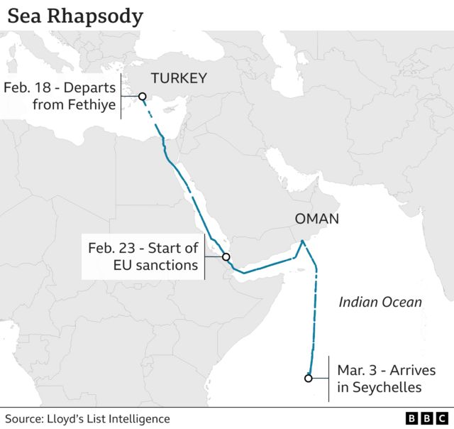 Chart showing the route of the Sea Rhapsody