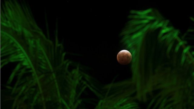 Uma superlua, a maior e mais brilhante lua cheia do ano, coincide com um eclipse lunar total, fazendo com que a lua pareça vermelha no céu de Honolulu, Havaí, nos EUA