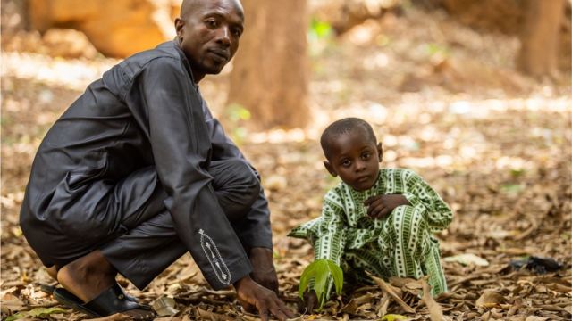 A man and a child plant a tree