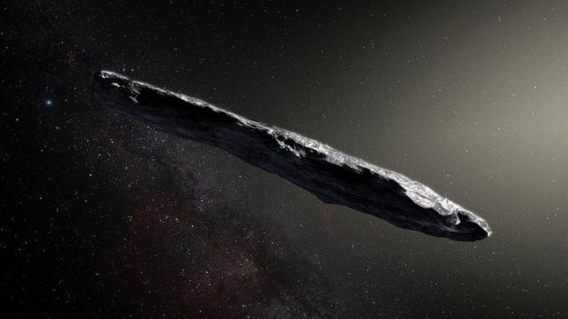 Ilustração de asteroide Oumuamua