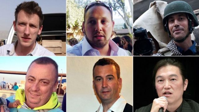 Some of the victims of the group: (top left) Abd al-Rahman Kassig, Stephen Sotloff, James Foley, Kenji Goto, David Haines, Alan Henning
