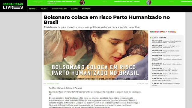 Captura de tela mostra site Jornalistas Livres com título: 'Bolsonaro coloca em risco Parto Humanizado no Brasil'