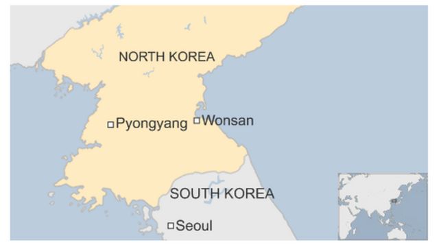 北朝鮮の平壌（Pyongyang）とミサイルが発射された元山（Wonsan）の位置