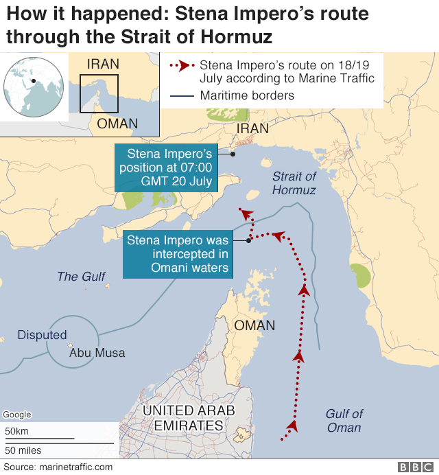 Map: Location of Stena Impero in Strait of Hormuz