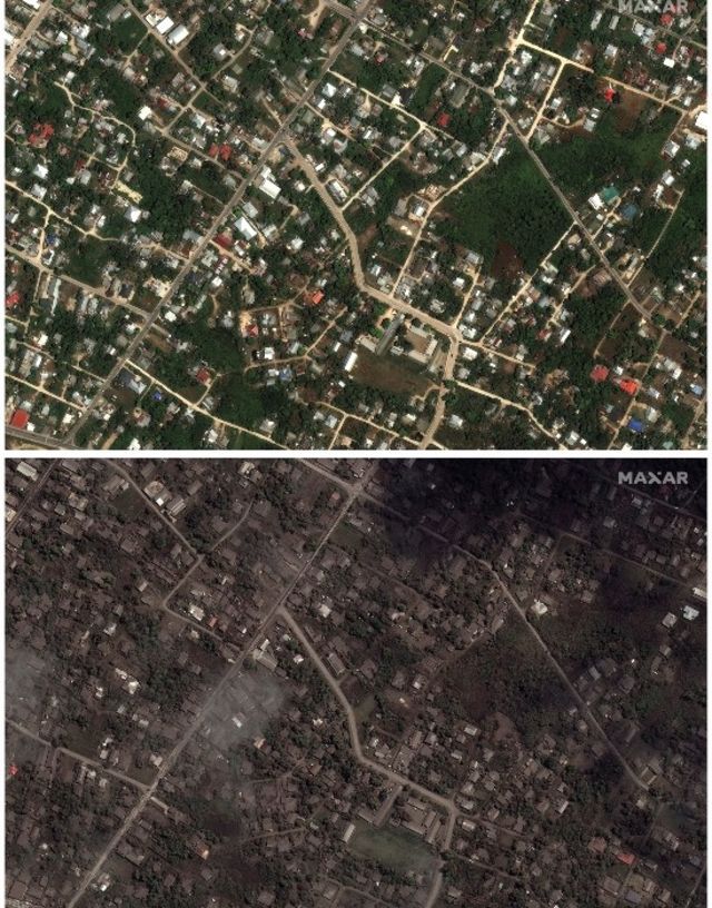 Casas en Tonga el 29 de diciembre (arriba), y el 18 de enero luego de la explosión.