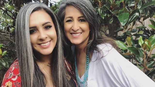 Stephanie poses with her mum, both with grey hair