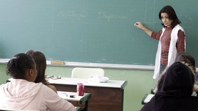 Professora escrevendo em lousa e falando aos alunos durante aula