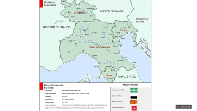 2020 ஆம் ஆண்டில் கற்பனையான இத்தாலி, 1320-ல் தொடங்கிய வரலாற்று பன்முகத்தன்மை கொண்டதாக, மாறுபட்ட நூறாண்டு போர் சூழலில்