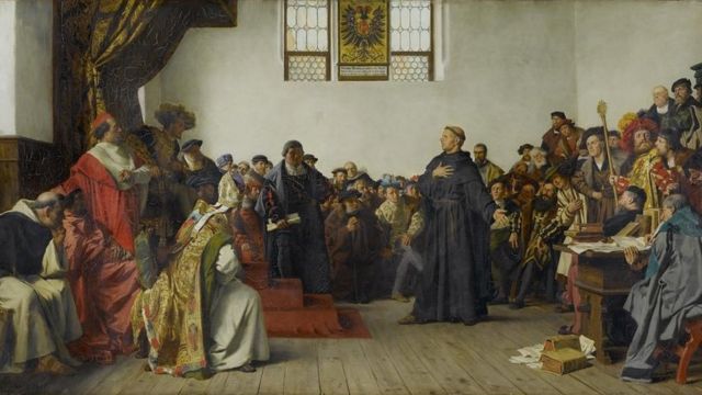 Lutero, recusando-se a se retratar, em obra de Anton Von Werner, hoje em domínio público.