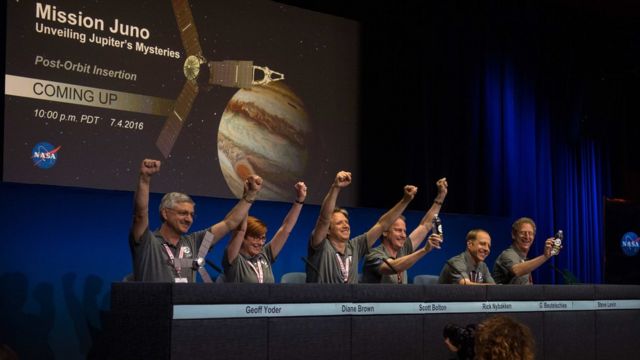 Equipo de la NASA celebrando la llegada de Juno a la órbita de Júpiter.