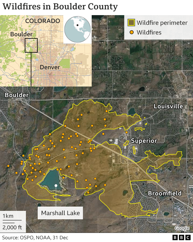 A map of the locations of the wildfires