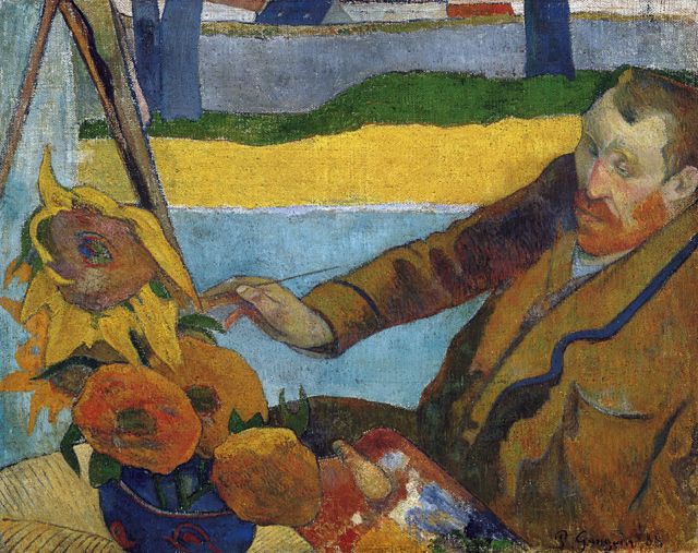 Van Gogh pintando girassóis, em retrato de Gauguin