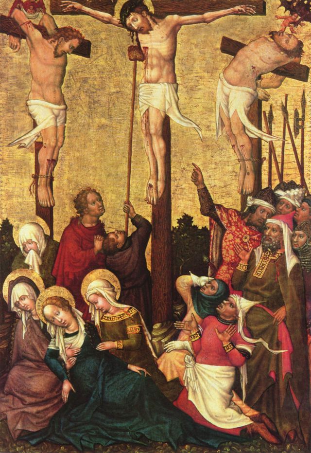 A crucificação, em pintura de Hans Von Tübingen, século 15