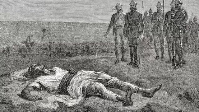 Ilustração da cena quando os soldados descobriram o corpo do imperador Tewodros 2
