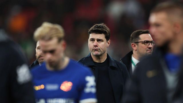 Mauricio Pochettino, Manager of Chelsea, looks dejected at full-time