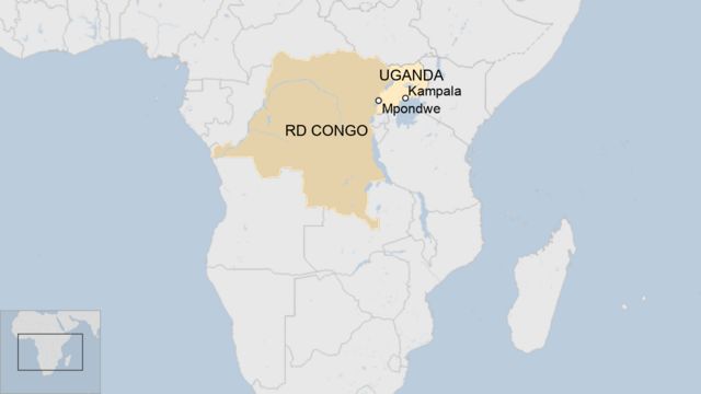 Mapa mostra localização de Uganda e RDC
