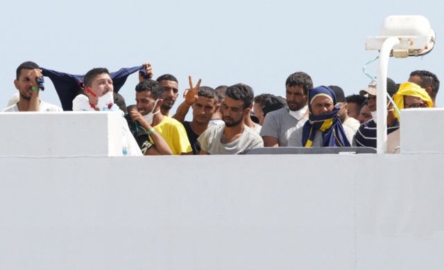 Migrants rescued by the Italian navy in the Mediterranean
