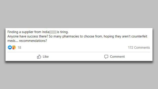 Member of a pro-ivermectin Facebook group asks for advice on how to buy ivermectin online from India