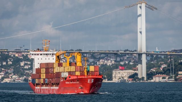 İstanbul Boğazı'ndan geçiş yapan bir kuru yük gemisi.