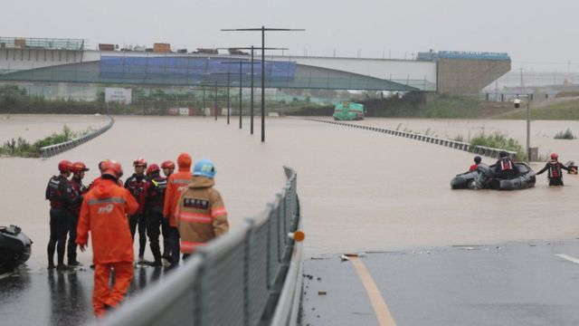 Rescue work near a completely submerged underpass in Cheongju, South Korea. Photo: 15 July 2023