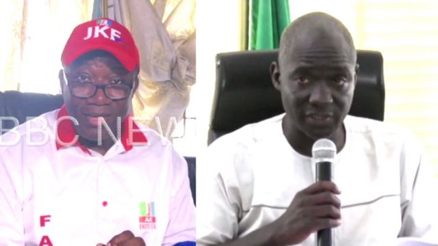 Govnor-elect Kayode Fayemi (na im dey left) and PDP Candidate Olusola Eleka (na im dey right) inside dis foto.
