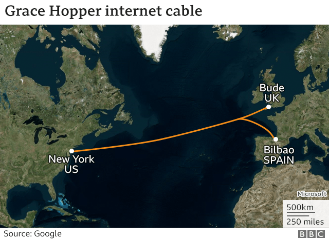 This map shows the Grace Hopper cable running from New York to Bude in the UK and Bilbao in Spain