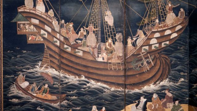 Detalle de una pintura que habla de la presencia de barcos portugueses en Nagasaki en el siglo XVII.