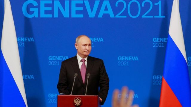 President Vladimir Putin holds a news conference after the U.S.-Russia summit with U.S. President Joe Biden at Villa La Grange in Geneva, Switzerland, June 16, 2021.