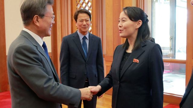 Kim Yo-jong shaking hands with South Korean President Moon Jae-in