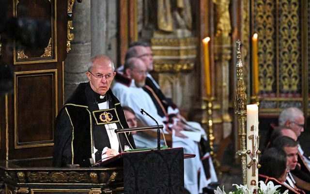 The Archbishop of Canterbury Justin Welby gives a reading at the State Funeral Service for Britain's Queen Elizabeth II, at Westminster Abbey in London on September 19, 2022