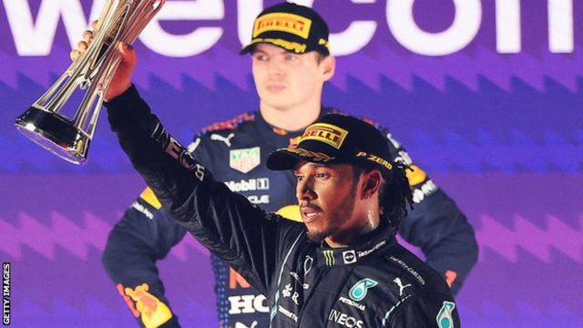 Lewis Hamilton celebrates victory at the Saudi Arabian Grand Prix, with Max Verstappen behind