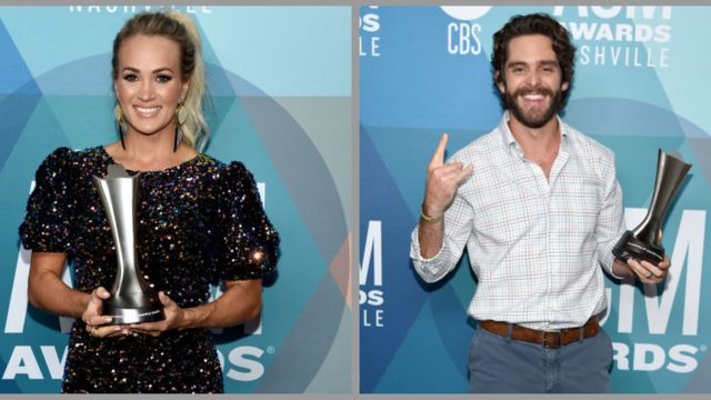 arrie Underwood and Thomas Rhett pose with dia Entertainer of di Year awards for di 55th Academy of Country Music Awards