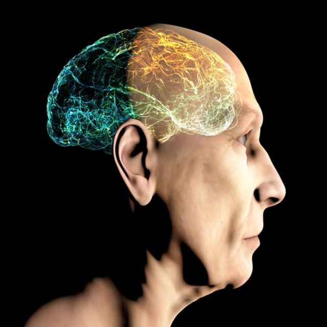 An old man in profile with the image of superimposed neural connections